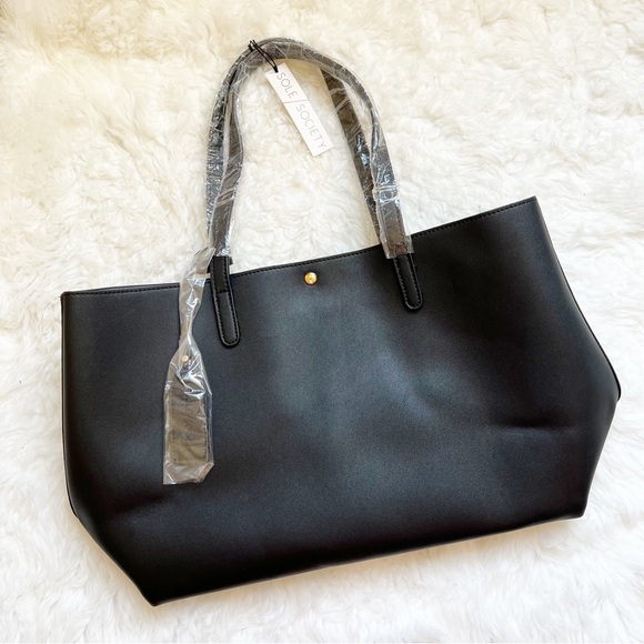 Sole Society Handbags - New SOLE SOCIETY black faux leather tote bag purse w matching pouch clutch